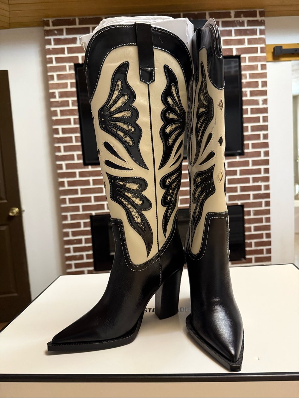 NWB Steve Madden Leather Black and Cream Western Knee-High Boots